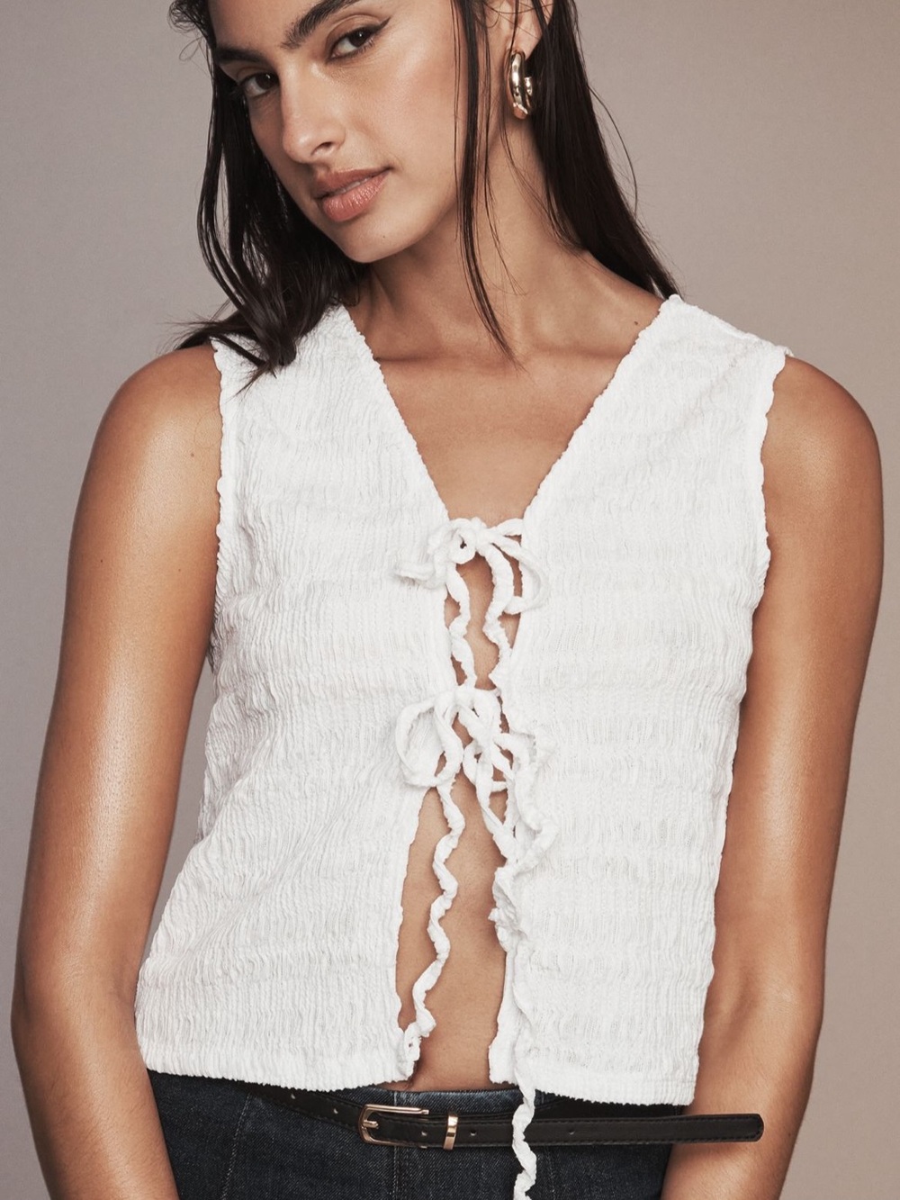·Anthropologie· NWT White Front-Tie Puckered Tank Top Size XS